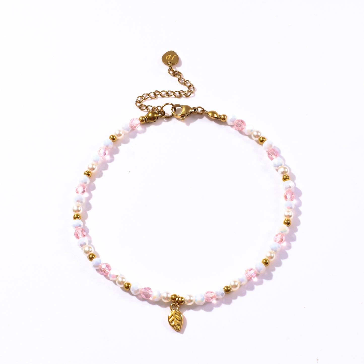 Leaf Charm Pink and White Beaded Anklet
