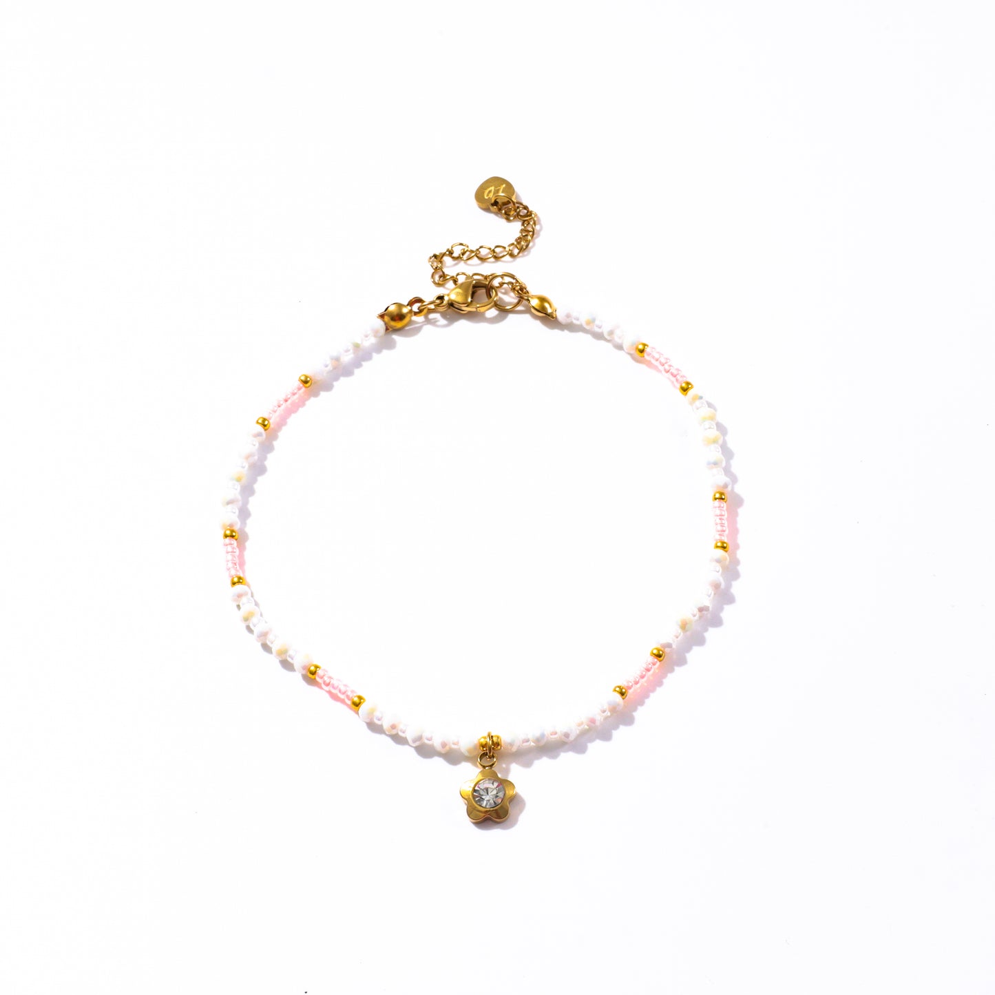 Flower Charm Pink and White Beaded Anklet