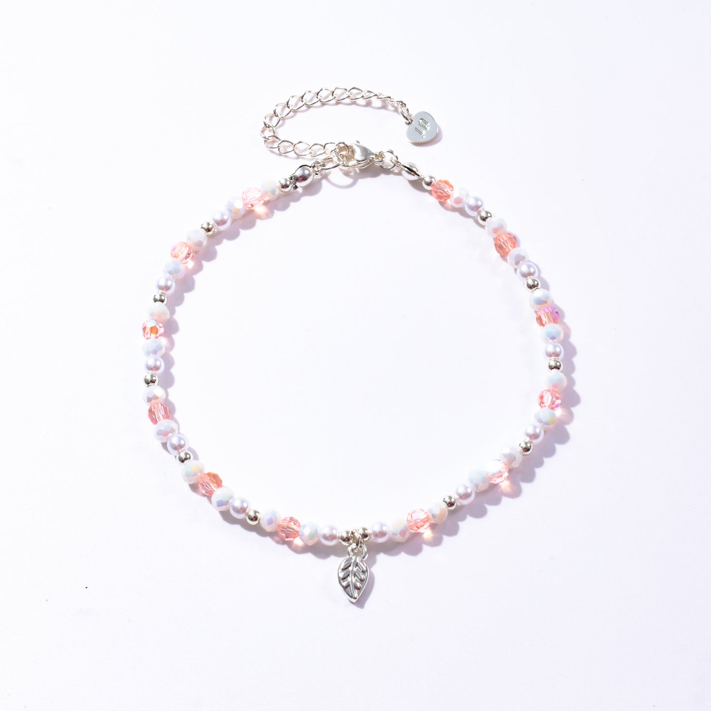 Leaf Charm Pink and White Beaded Anklet