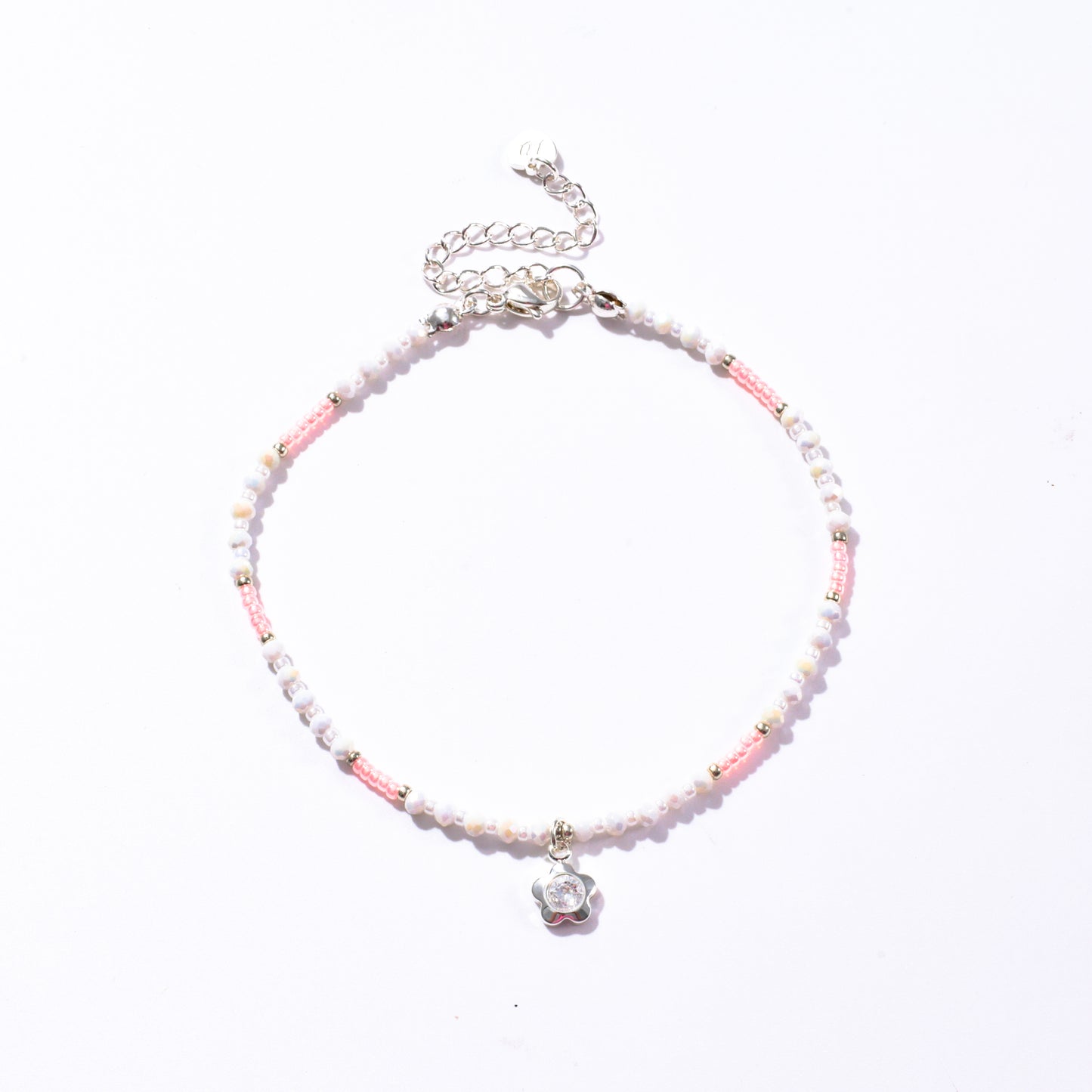 Flower Charm Pink and White Beaded Anklet