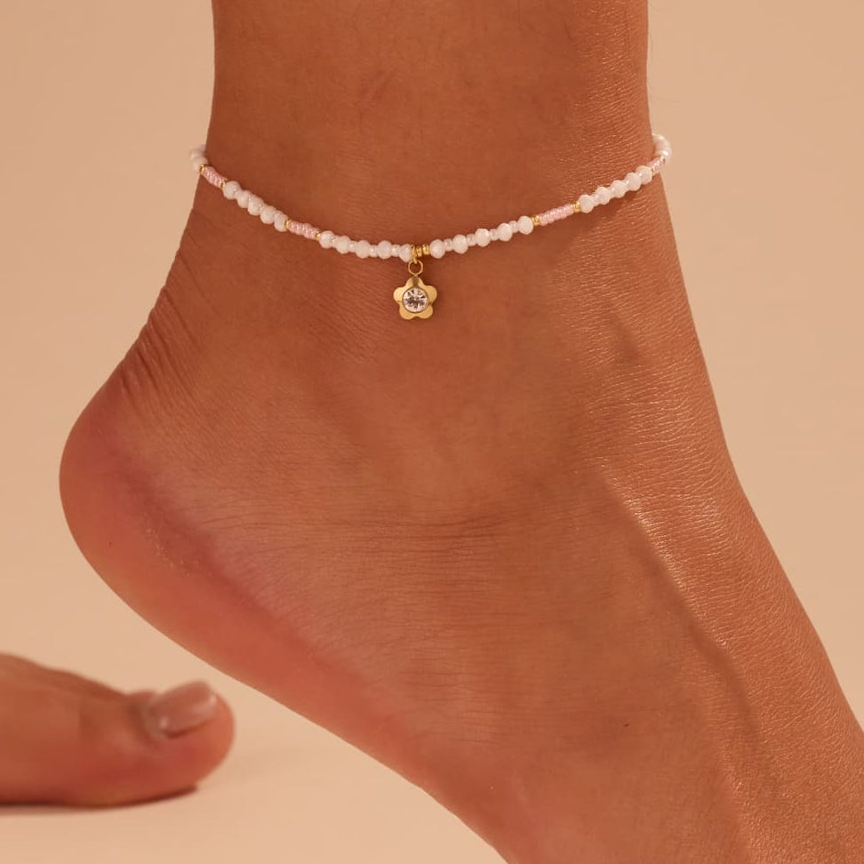 Flower Charm Pink and White Beaded Anklet