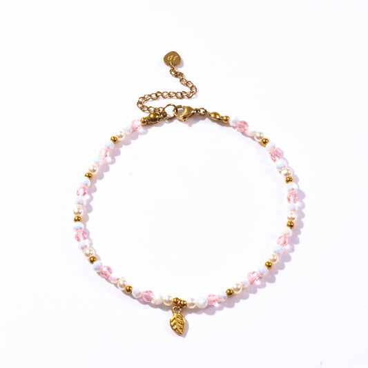Leaf Charm Pink and White Beaded Anklet
