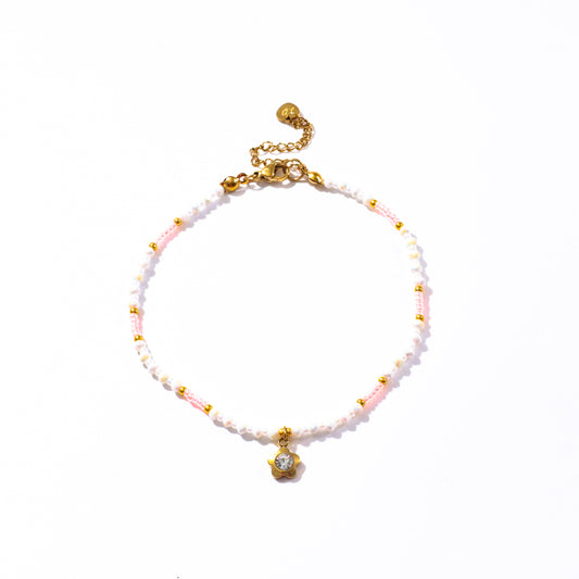 Flower Charm Pink and White Beaded Anklet