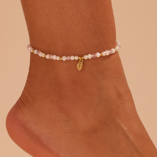 Leaf Charm Pink and White Beaded Anklet