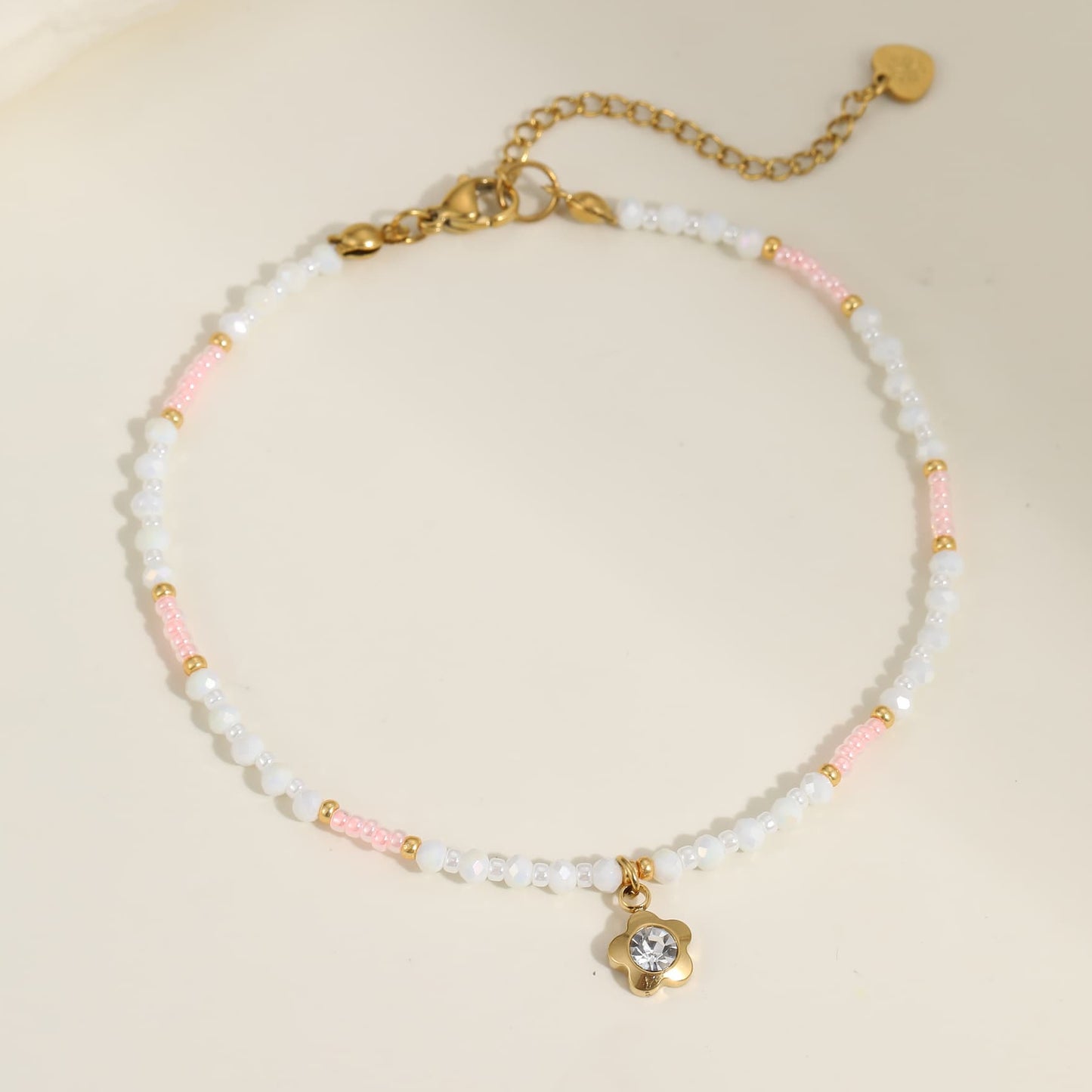 Flower Charm Pink and White Beaded Anklet