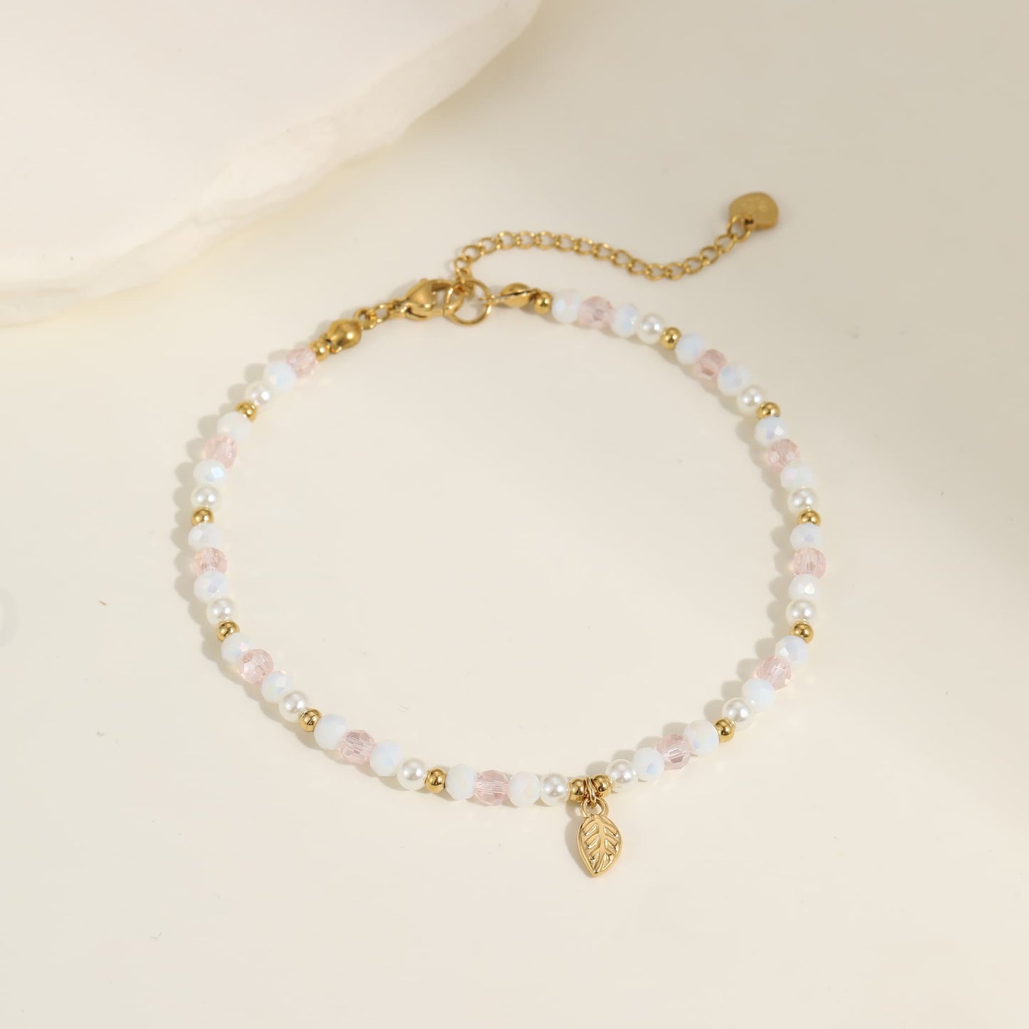 Leaf Charm Pink and White Beaded Anklet